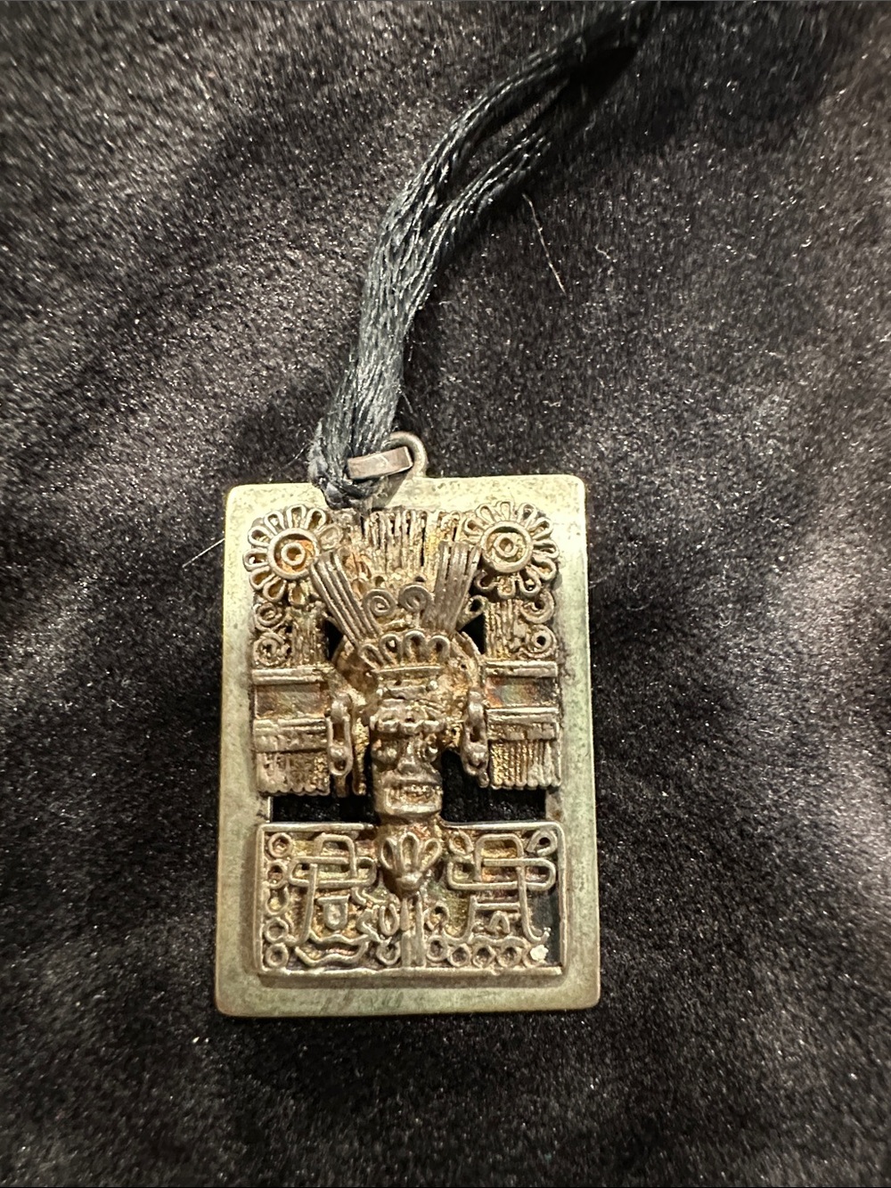 Antique-Style Bronze Aztec Relief Pendant Necklace - Black Cord
